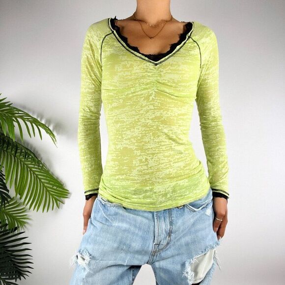 Vintage Y2K Green Indie Fairy Grunge Baddie Fitted Long Sleeve Lace Top / M - Picture 7 of 7